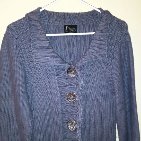 Anthropologie Pure Handknit Size S/M Ribbed Knit Cardigan-Metal Buttons-Fringe - Picture 2 of 8